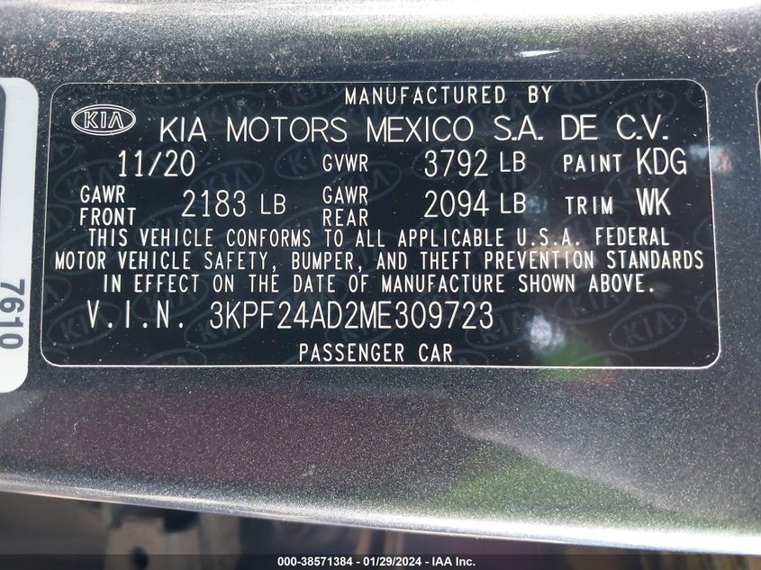 VIN 3KPF24AD2ME309723 2021 KIA FORTE LXS