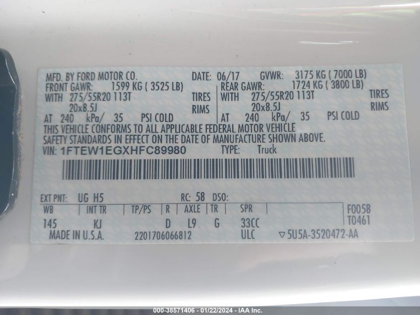 2017 FORD F-150 SUPERCREW - 1FTEW1EGXHFC89980