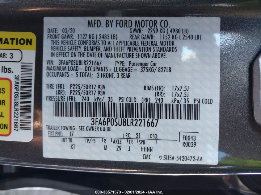 2020 FORD FUSION PLUG-IN HYBRID TITANIUM - 3FA6P0SU8LR221667