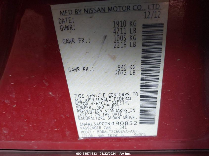 2013 NISSAN ALTIMA 2.5/S/SV/SL - 1N4AL3AP0DN490852