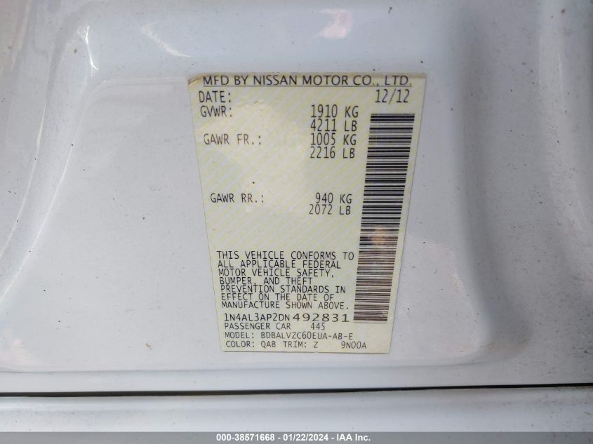 2013 NISSAN ALTIMA 2.5/S/SV/SL - 1N4AL3AP2DN492831