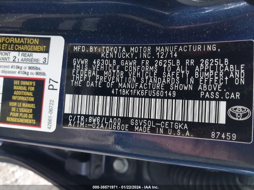 2015 TOYOTA CAMRY XLE V6 - 4T1BK1FK6FU560149