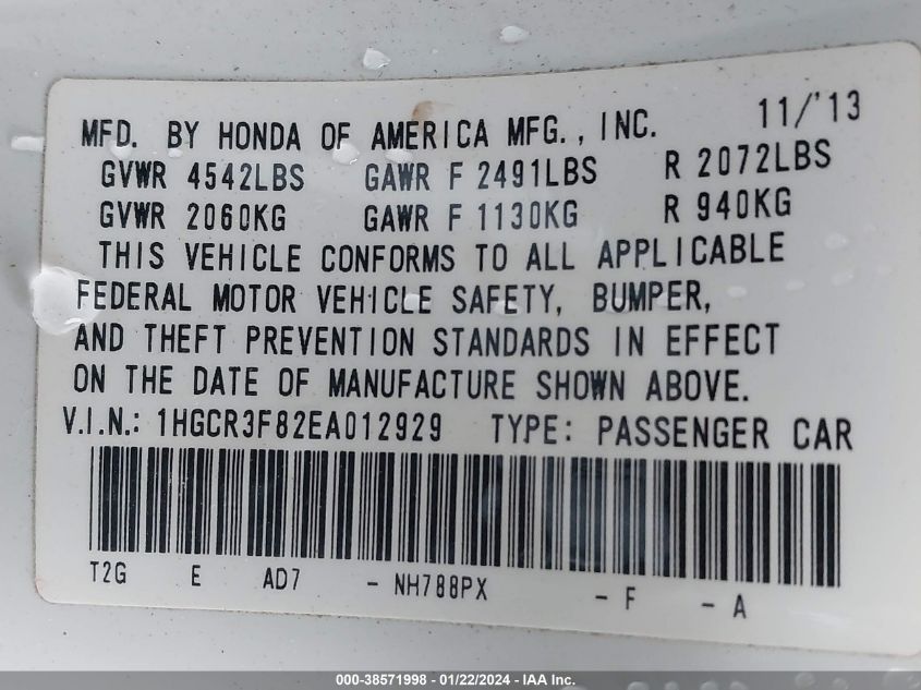 2014 HONDA ACCORD EXL - 1HGCR3F82EA012929