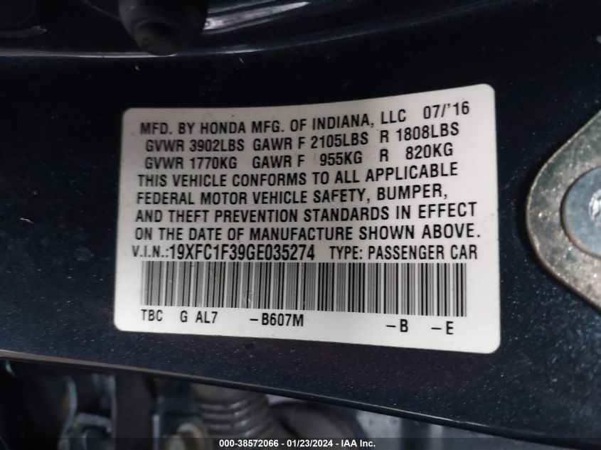 2016 HONDA CIVIC EX - 19XFC1F39GE035274