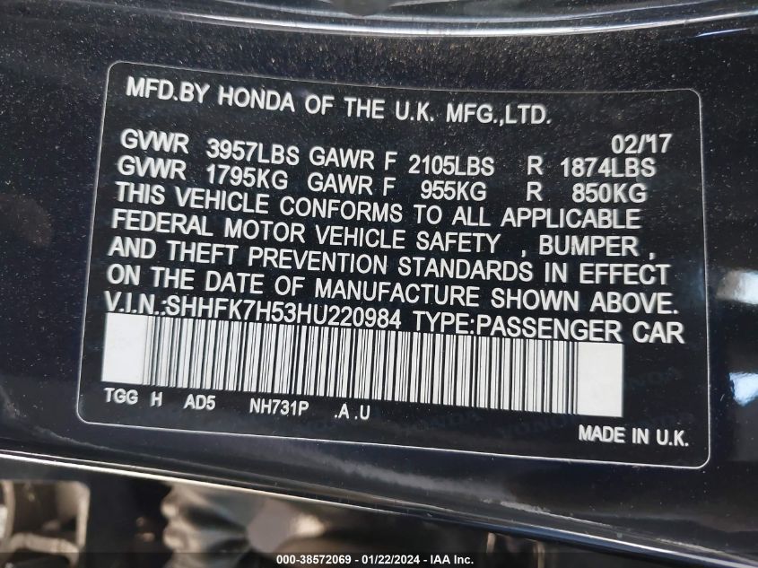 2017 HONDA CIVIC EX - SHHFK7H53HU220984