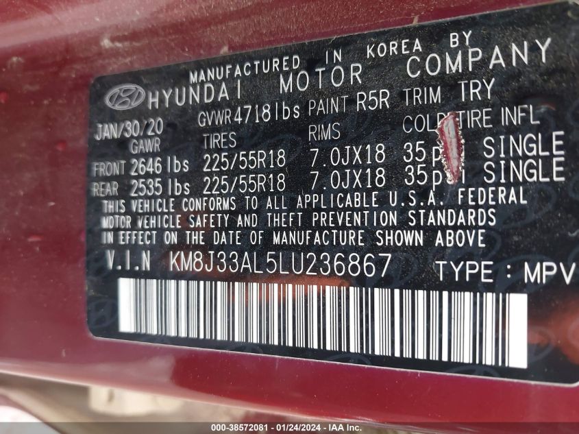 2020 HYUNDAI TUCSON SEL - KM8J33AL5LU236867