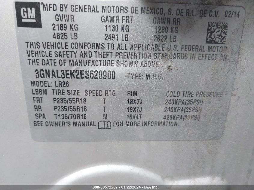 2014 CHEVROLET CAPTIVA SPORT LT - 3GNAL3EK2ES620900