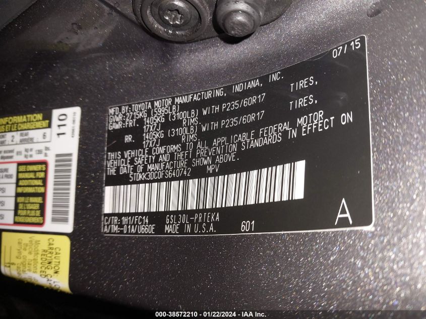 2015 TOYOTA SIENNA LE 8 PASSENGER - 5TDKK3DC0FS640742