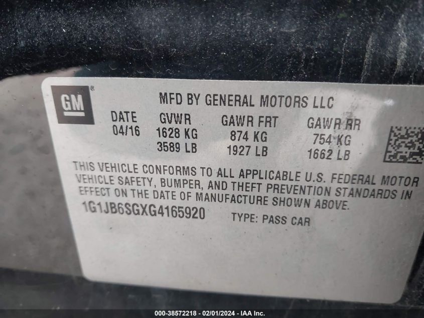 2016 CHEVROLET SONIC LS MANUAL - 1G1JB6SGXG4165920
