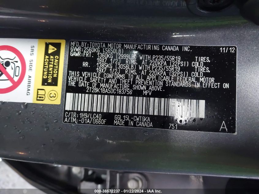 2013 LEXUS RX 350 - 2T2BK1BA5DC183756