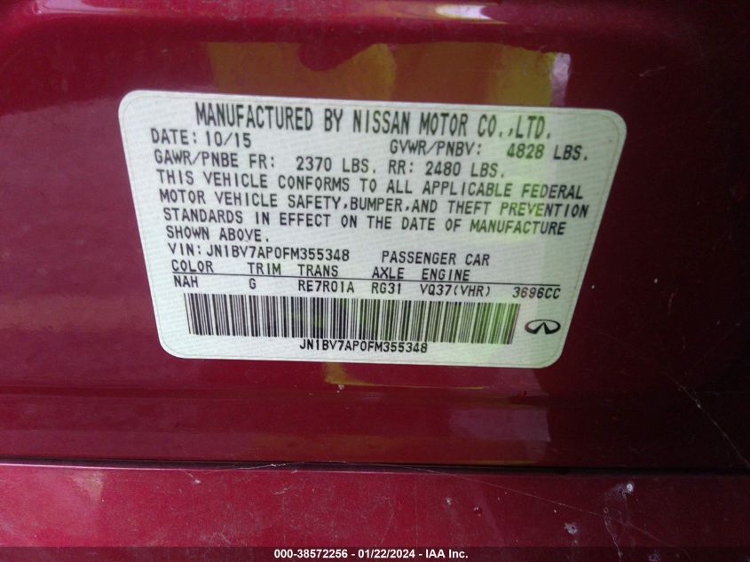 2015 INFINITI Q50 PREMIUM/SPORT - JN1BV7AP0FM355348