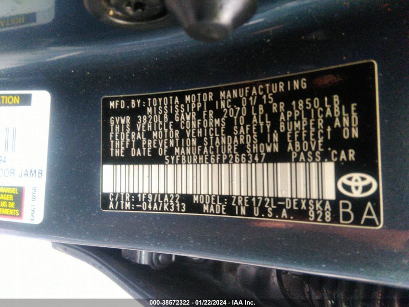 2015 TOYOTA COROLLA L/LE/LE PLS/PRM/S/S PLS - 5YFBURHE6FP266347