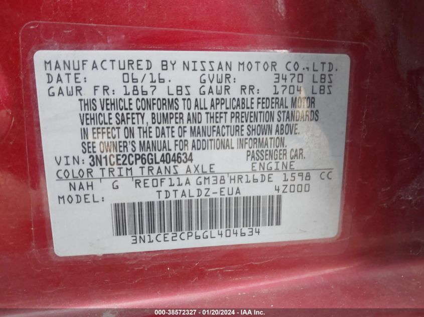 2016 NISSAN VERSA NOTE S/S PLUS/SV/SL/SR - 3N1CE2CP6GL404634