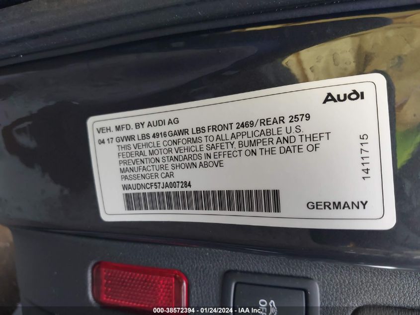 2018 AUDI A5 2.0T PREMIUM - WAUDNCF57JA007284