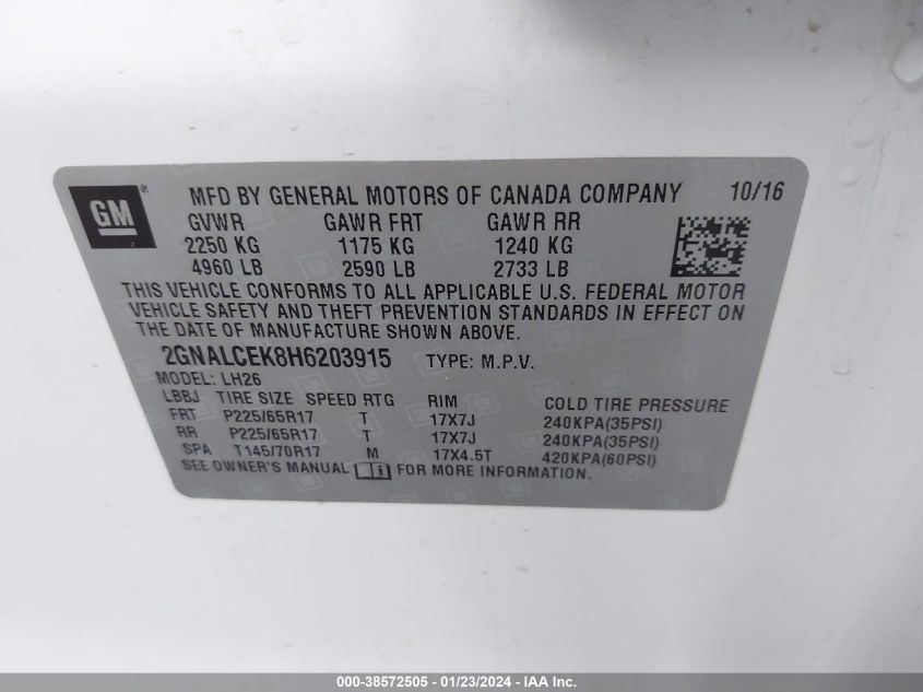 2017 CHEVROLET EQUINOX LT - 2GNALCEK8H6203915