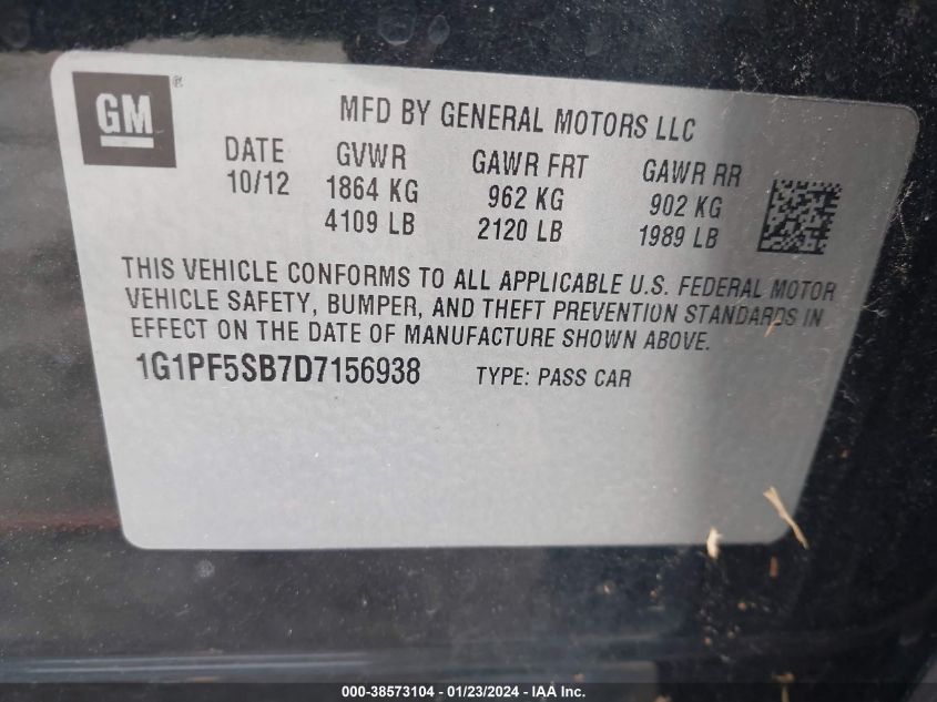 2013 CHEVROLET CRUZE 2LT MANUAL - 1G1PF5SB7D7156938