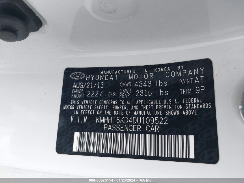 2013 HYUNDAI GENESIS 2.0T - KMHHT6KD4DU109522