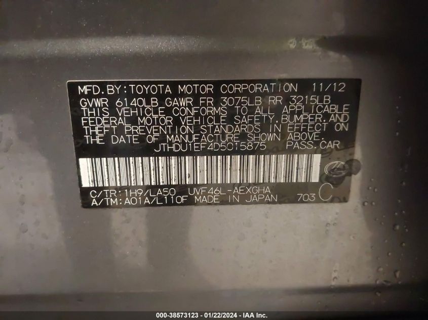 2013 LEXUS LS 600H L JTHDU1EF4D5015875