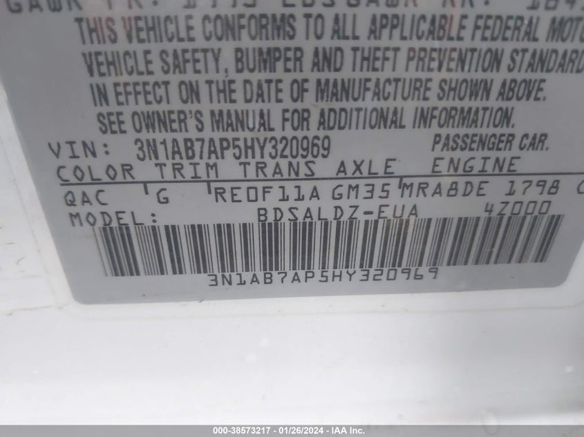 VIN 3N1AB7AP5HY320969 2017 NISSAN SENTRA S/SV/SR/SL