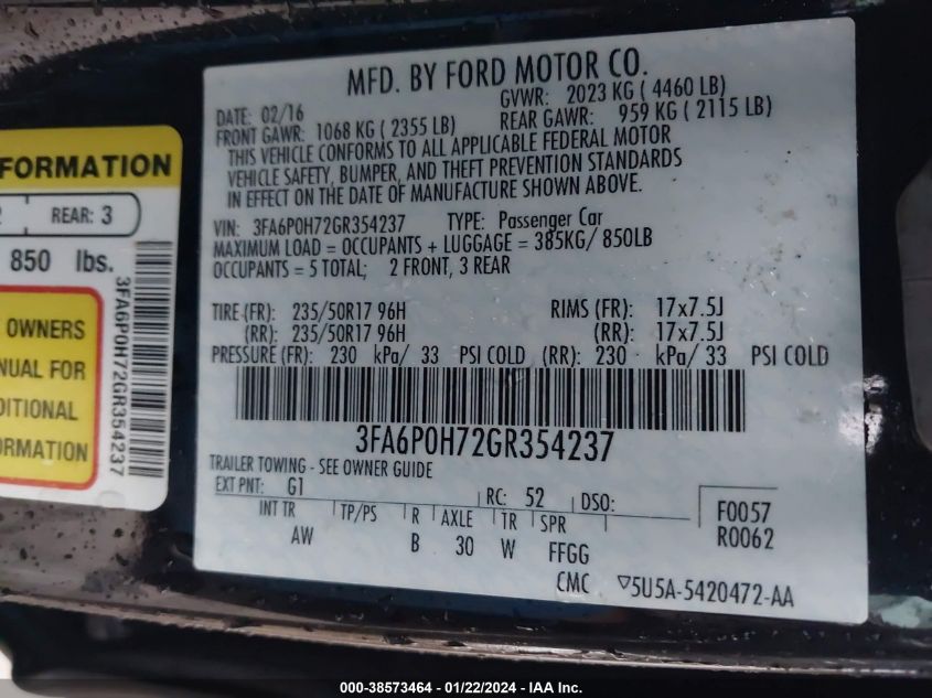 2016 FORD FUSION SE - 3FA6P0H72GR354237