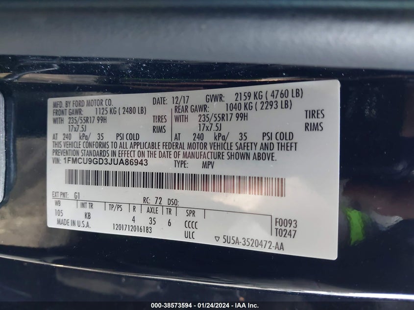VIN 1FMCU9GD3JUA86943 2018 FORD ESCAPE SE