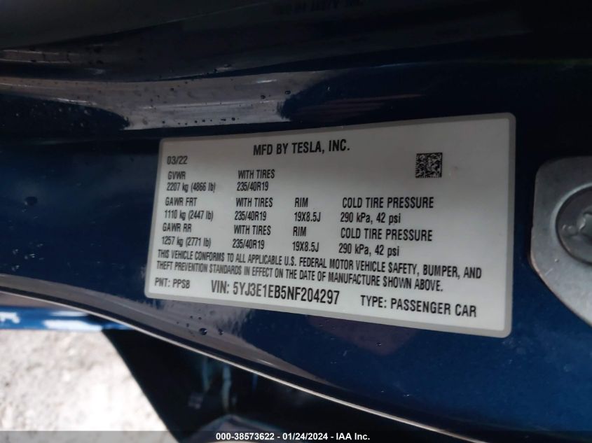 2022 TESLA MODEL 3 LONG RANGE DUAL MOTOR ALL-WHEEL DRIVE - 5YJ3E1EB5NF204297