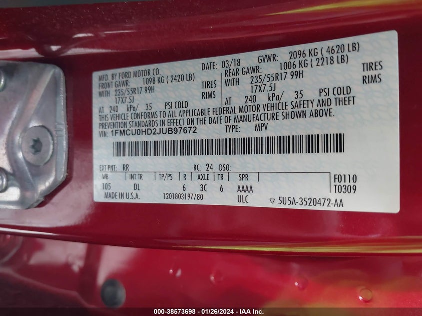 VIN 1FMCU0HD2JUB97672 2018 FORD ESCAPE SEL
