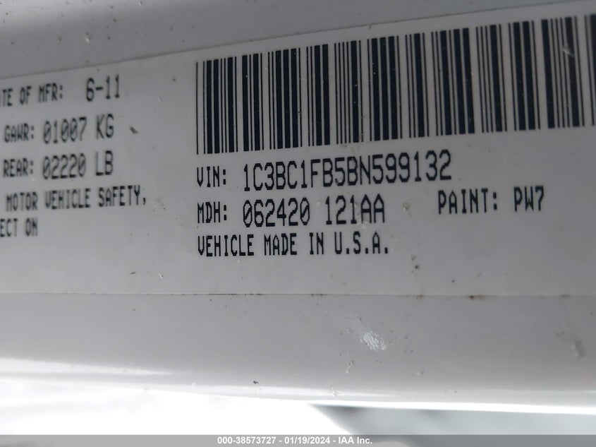 2011 CHRYSLER 200 VIN: 1C3BC1FB5BN599132