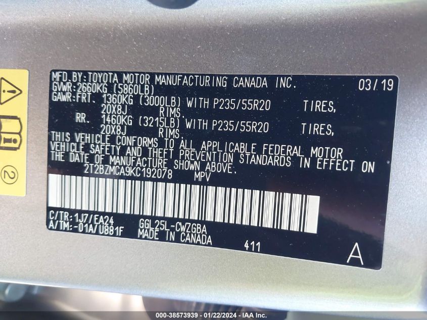 2019 LEXUS RX 350 - 2T2BZMCA9KC192078