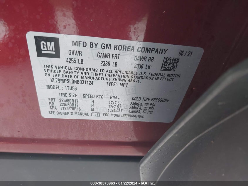 VIN KL79MPSL0NB031124 2022 CHEVROLET TRAILBLAZER LT