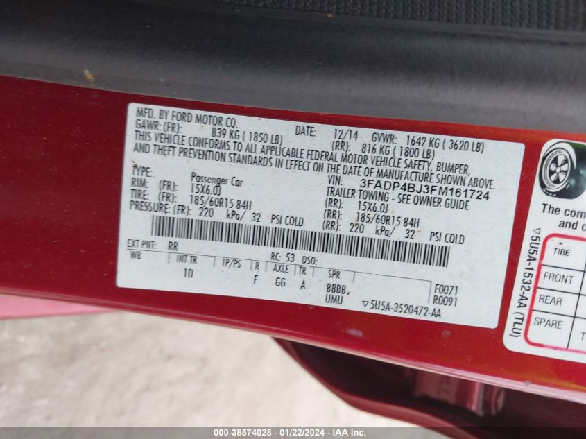 2015 FORD FIESTA SE - 3FADP4BJ3FM161724