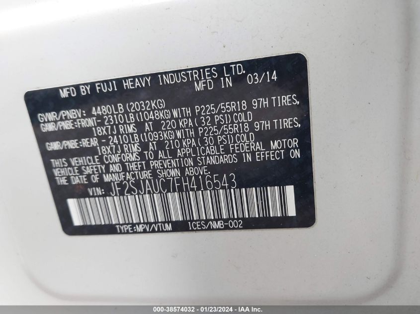 2015 SUBARU FORESTER 2.5I TOURING - JF2SJAUC7FH416543