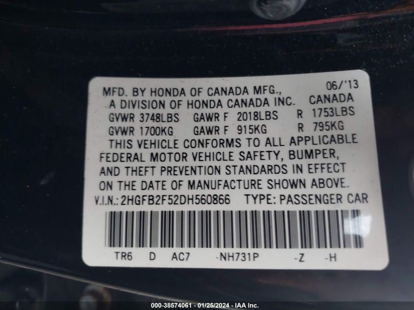 2013 HONDA CIVIC LX - 2HGFB2F52DH560866