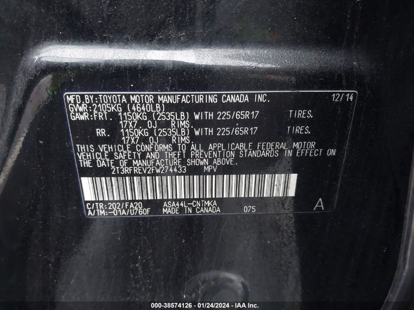 2015 TOYOTA RAV4 XLE - 2T3RFREV2FW274433
