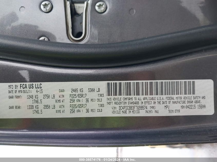 2015 DODGE JOURNEY SXT - 3C4PDCBB3FT699574