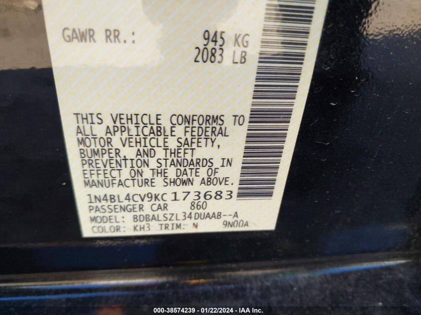 2019 NISSAN ALTIMA SR - 1N4BL4CV9KC173683