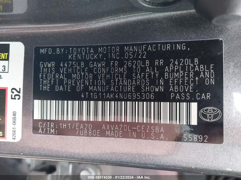2022 TOYOTA CAMRY SE/SE NIGHT SHADE - 4T1G11AK4NU695306