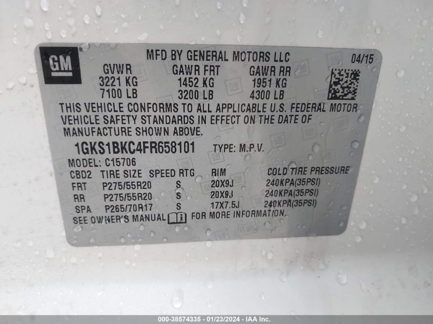 2015 GMC YUKON SLT - 1GKS1BKC4FR658101