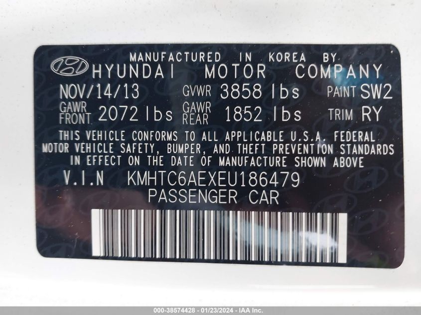2014 HYUNDAI VELOSTER TURBO W/BLUE - KMHTC6AEXEU186479
