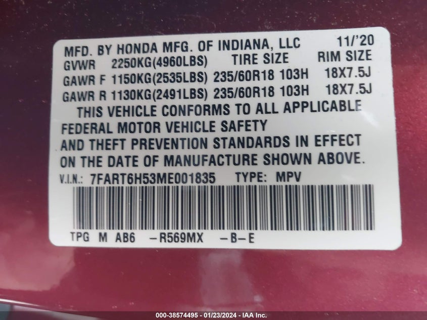 VIN 7FART6H53ME001835 2021 HONDA CR-V EX