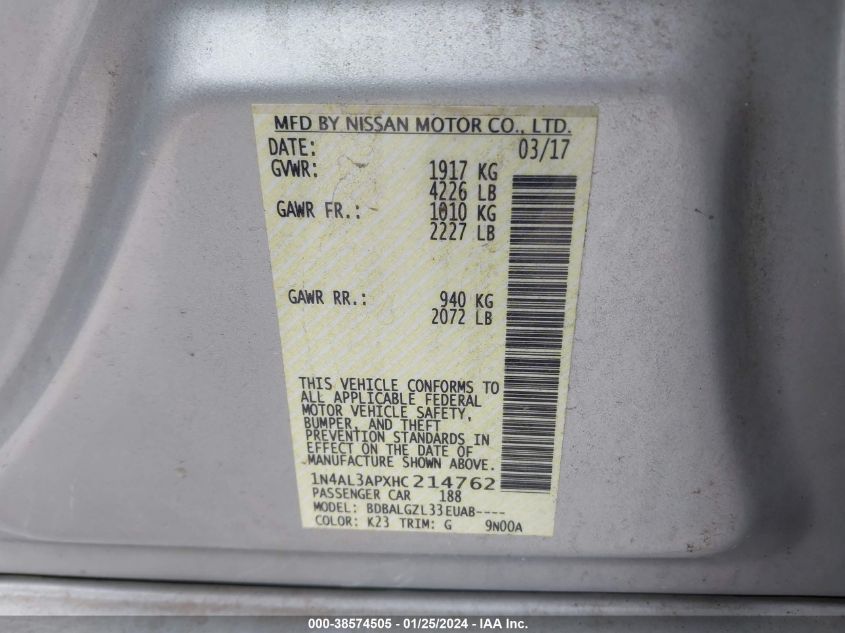 2017 NISSAN ALTIMA 2.5/S/SV/SL/SR - 1N4AL3APXHC214762