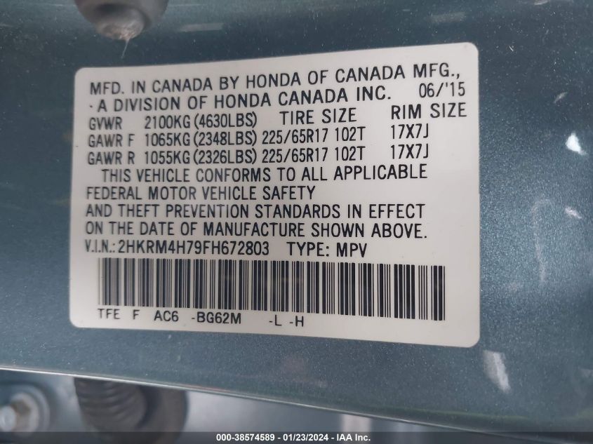 2015 HONDA CR-V EX-L - 2HKRM4H79FH672803
