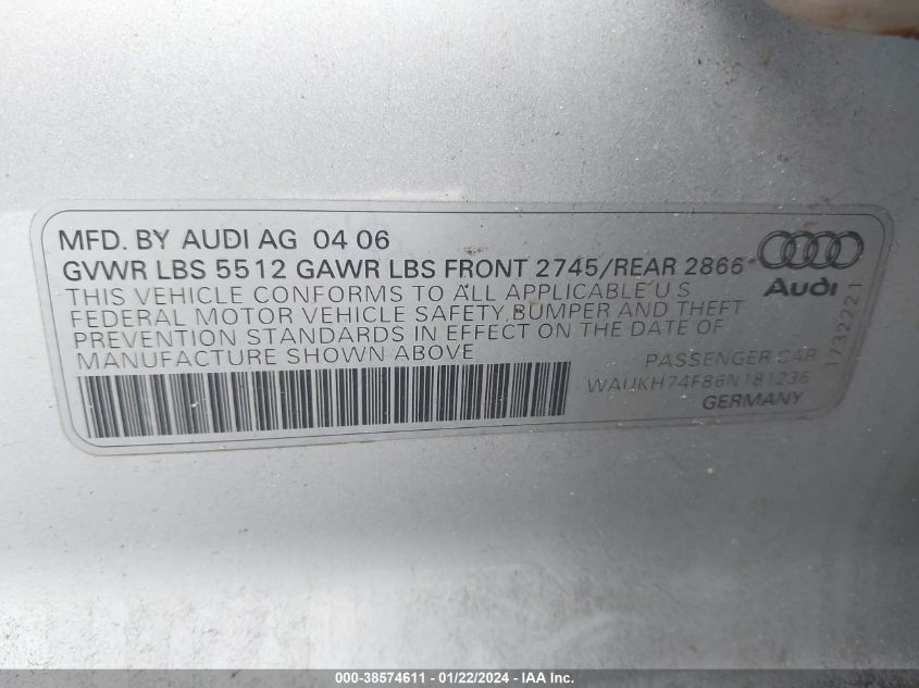 WAUKH74F86N181236 | 2006 AUDI A6