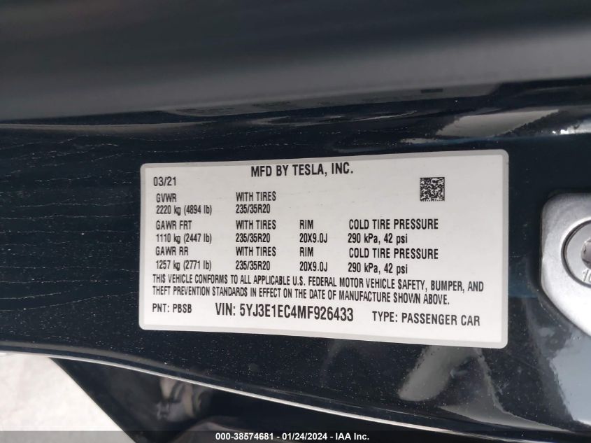 2021 TESLA MODEL 3 - 5YJ3E1EC4MF926433