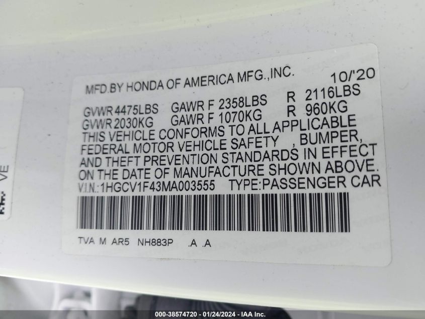 2021 HONDA ACCORD SPORT SPECIAL EDITION - 1HGCV1F43MA003555