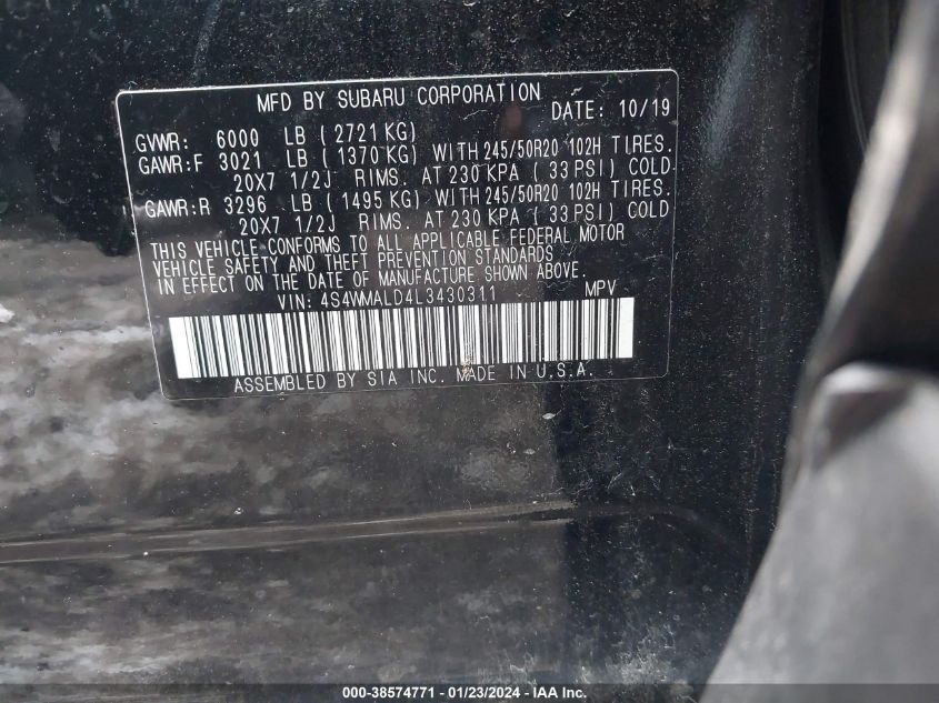 2020 SUBARU ASCENT LIMITED - 4S4WMALD4L3430311