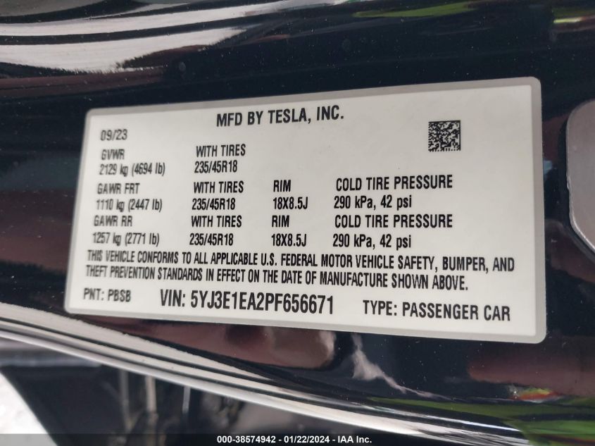 2023 TESLA MODEL 3 REAR-WHEEL DRIVE - 5YJ3E1EA2PF656671