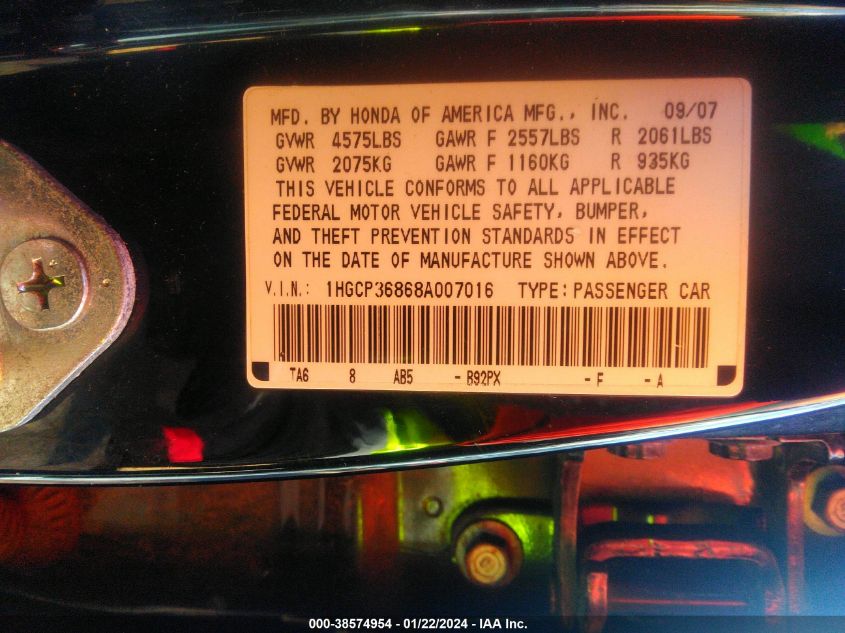 1HGCP36868A007016 | 2008 HONDA ACCORD