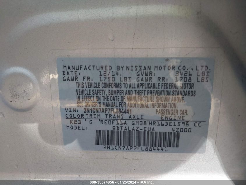 2015 NISSAN VERSA S/S PLUS/SV/SL - 3N1CN7AP7FL884441