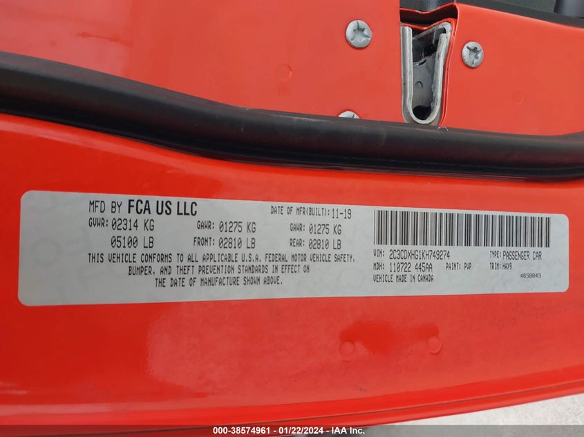 VIN 2C3CDXHG1KH749274 2019 DODGE CHARGER GT